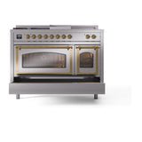 ILVE UN48FSNMPSSGLP Nostalgie II Noblesse 48 inch Dual Fuel Range (5 Sealed Burners + Griddle + French Top, Liquid Propane, Triple Glass Door, Stainless Steel, Brass)