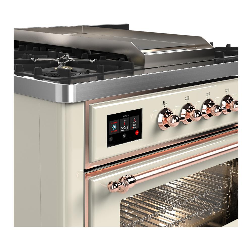 ILVE UM36FNR3AWPLP Majestic III 36 inch Dual Fuel Range with 6 Black Brass Burners and Griddle, Dual Function Burner up to 25,000 BTU (Triple Glass Door, Antique White, Copper, Liquid Propane)
