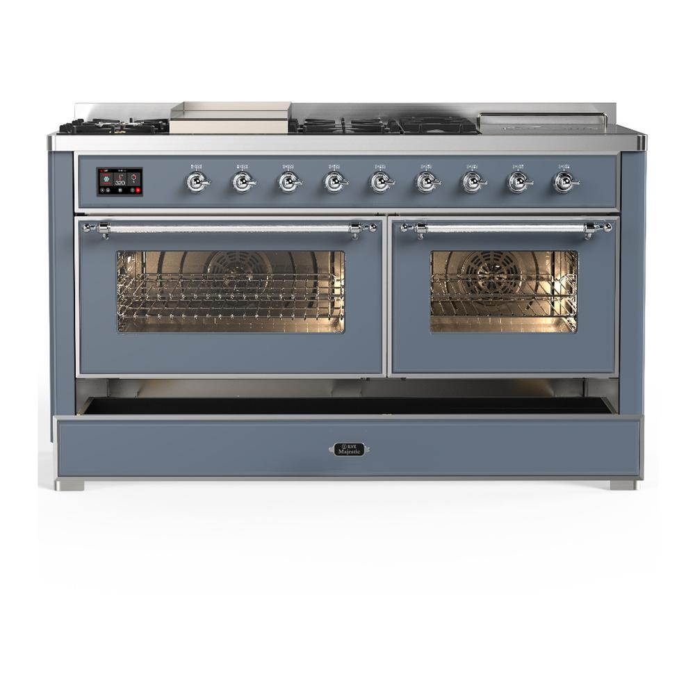 ILVE UM60FSNR3BGCLP Majestic III 60 inch Dual Fuel Range with 7 Burners, Griddle and French Top, Dual Function Burner with up to 25,000 BTU (Liquid Propane, Triple Glass Door, Blue Grey, Chrome)