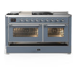 ILVE UM60FSNR3BGCLP Majestic III 60 inch Dual Fuel Range with 7 Burners, Griddle and French Top, Dual Function Burner with up to 25,000 BTU (Liquid Propane, Triple Glass Door, Blue Grey, Chrome)