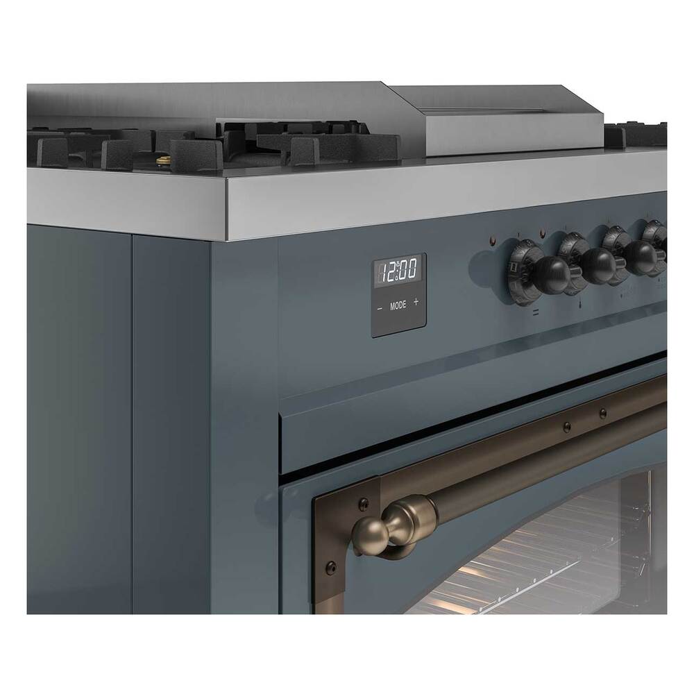 ILVE UN60FSNMPBGBLP Nostalgie II Noblesse 60 inch Dual Fuel Range (7 Sealed Burners + Griddle + French Top, Liquid Propane, Triple Glass Door, Blue Grey, Burnished)