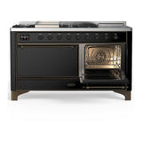 ILVE UM60FSQNR3BKBLP Majestic III 60 inch Dual Fuel Range with 7 Burners, Griddle and French Top, Dual Function Burner with up to 25,000 BTU (Liquid Propane, Solid Door, Glossy Black, Burnished)