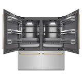 ZLINE Autograph Edition 72 in. 39.6 cu. ft. French Door Built-In Bottom Freezer Refrigerator with Water Dispensers and Ice Makers in Stainless Steel with Graphite Gray Interior and Polished Gold Accents (GRBITZ-304-72G)