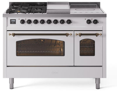 Nostalgie II 48 Inch Dual Fuel Liquid Propane Freestanding Range in White with Bronze Trim