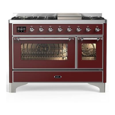 ILVE UM48FNR3BUC Majestic III 48 inch Dual Fuel Range with 8 Burners and Griddle, Dual Function Burner up to 25,000 BTU (Natural Gas, Triple Glass Door, Burgundy, Chrome)