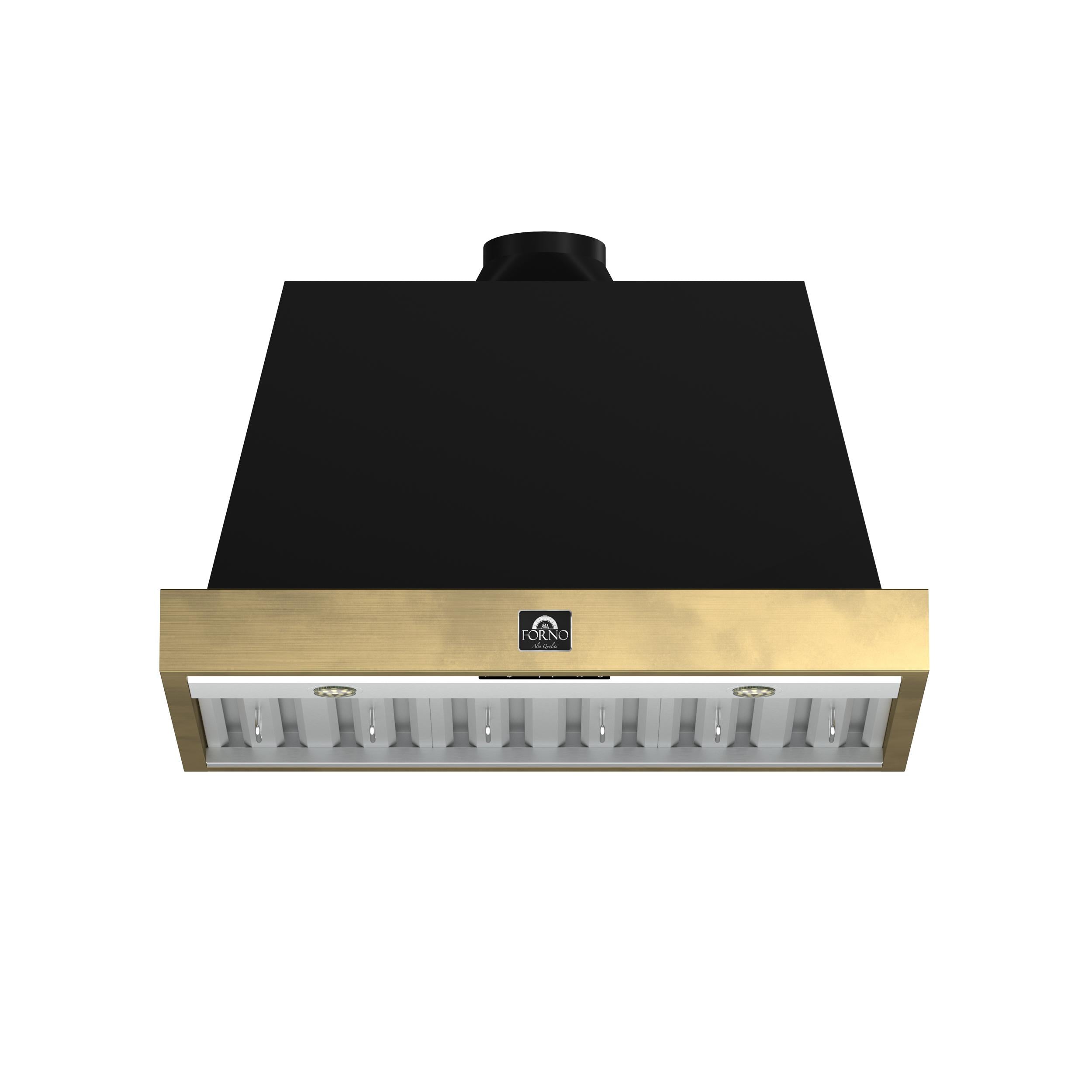 Forno Vittorio 36-Inch Wall Mount Range Hood, Black with Antique Brass Trim, 600 CFM Airflow, Dishwasher-Safe Baffle Filters, Remote Control, 3-Speed Fan, Bright LED Lighting.
