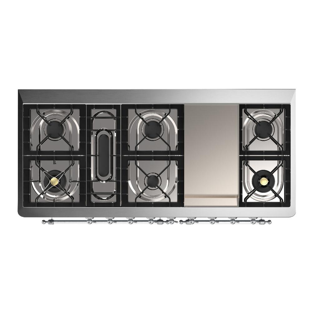 ILVE UM60FQNR3WHCLP Majestic III 60 inch Dual Fuel Range with 9 Burners and Griddle, Dual Function Burner up to 25,000 BTU (Liquid Propane, Solid Door, White, Chrome)