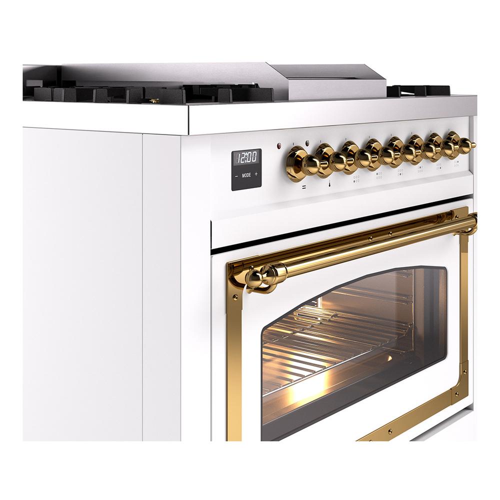 ILVE UN36FNMPWHGLP Nostalgie II Noblesse 36 inch Dual Fuel Range (Liquid Propane, Triple Glass Door, White, Brass)