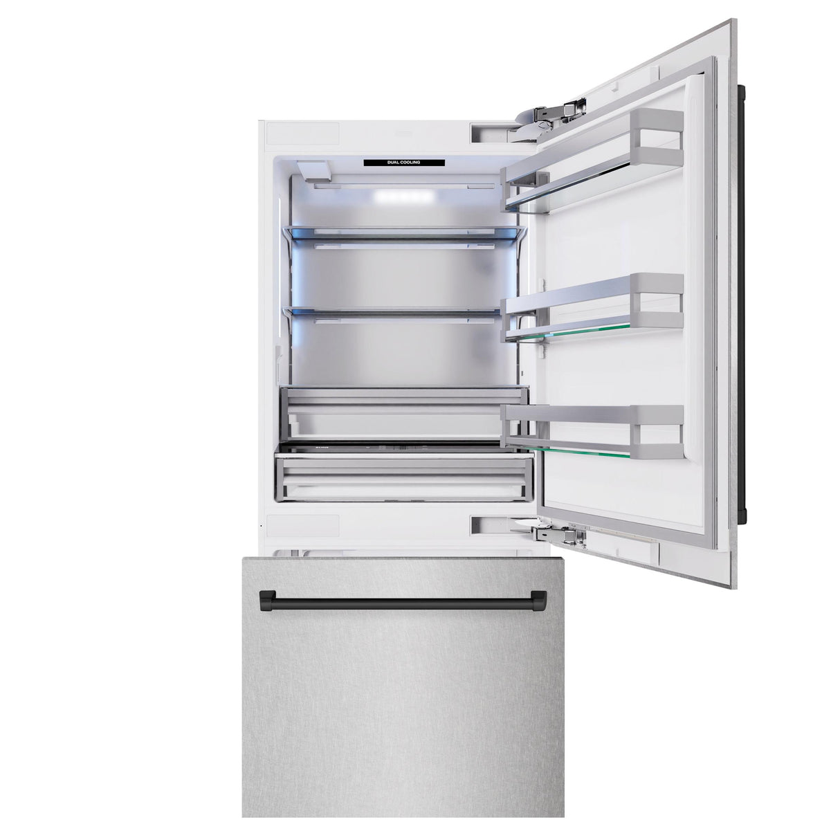 ZLINE Autograph Edition 36 in. 19.8 cu. ft. Built-In Bottom Freezer Refrigerator with Water Dispenser and Ice Maker in DuraSnow' Stainless Steel and Matte Black Accents (RBITZ-SN-36-MB)