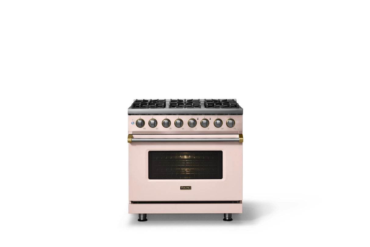36"W. Dual Fuel Range (Burner: 6b, Finish: Blush, Trim: Brushed Brass, Fuel: Natural Gas)