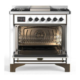 ILVE UM36FQNR3WHBLP Majestic III 36 inch Dual Fuel Range with 6 Black Brass Burners and Griddle, Dual Function Burner up to 25,000 BTU (Solid Door, White, Burnished, Liquid Propane)