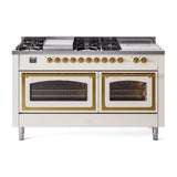 ILVE UN60FSNMPAWGLP Nostalgie II Noblesse 60 inch Dual Fuel Range (7 Sealed Burners + Griddle + French Top, Liquid Propane, Triple Glass Door, Antique White, Brass)