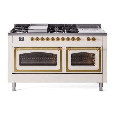 ILVE UN60FSNMPAWGLP Nostalgie II Noblesse 60 inch Dual Fuel Range (7 Sealed Burners + Griddle + French Top, Liquid Propane, Triple Glass Door, Antique White, Brass)