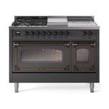 ILVE UN48FSNMPMGBLP Nostalgie II Noblesse 48 inch Dual Fuel Range (5 Sealed Burners + Griddle + French Top, Liquid Propane, Triple Glass Door, Graphite Matte, Burnished)