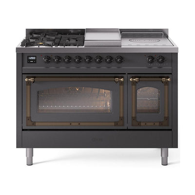 ILVE UN48FSNMPMGBLP Nostalgie II Noblesse 48 inch Dual Fuel Range (5 Sealed Burners + Griddle + French Top, Liquid Propane, Triple Glass Door, Graphite Matte, Burnished)