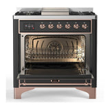 ILVE UM36FNR3MGP Majestic III 36 inch Dual Fuel Range with 6 Black Brass Burners and Griddle, Dual Function Burner up to 25,000 BTU (Triple Glass Door, Graphite Matte, Copper, Natural Gas)
