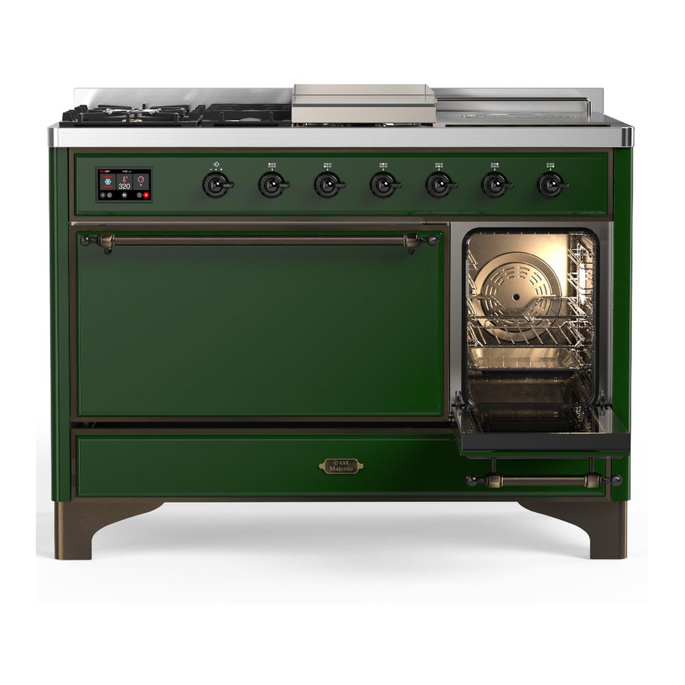 ILVE UM48FSQNR3EGBLP Majestic III 48 inch Dual Fuel Range with 5 Black Brass Burners, Griddle and French Top, Dual Function Burner up to 25,000 BTU (Liquid Propane, Solid Door, Emerald Green, Burnished)