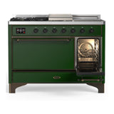 ILVE UM48FSQNR3EGBLP Majestic III 48 inch Dual Fuel Range with 5 Black Brass Burners, Griddle and French Top, Dual Function Burner up to 25,000 BTU (Liquid Propane, Solid Door, Emerald Green, Burnished)