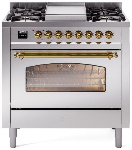 Nostalgie II 36 Inch Dual Fuel Natural Gas Freestanding Range in Stainless Steel with Brass Trim