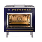 ILVE UN36FQNMPMBG Nostalgie II Noblesse 36 inch Dual Fuel Range (Natural Gas, Solid Door, Midnight Blue, Brass)