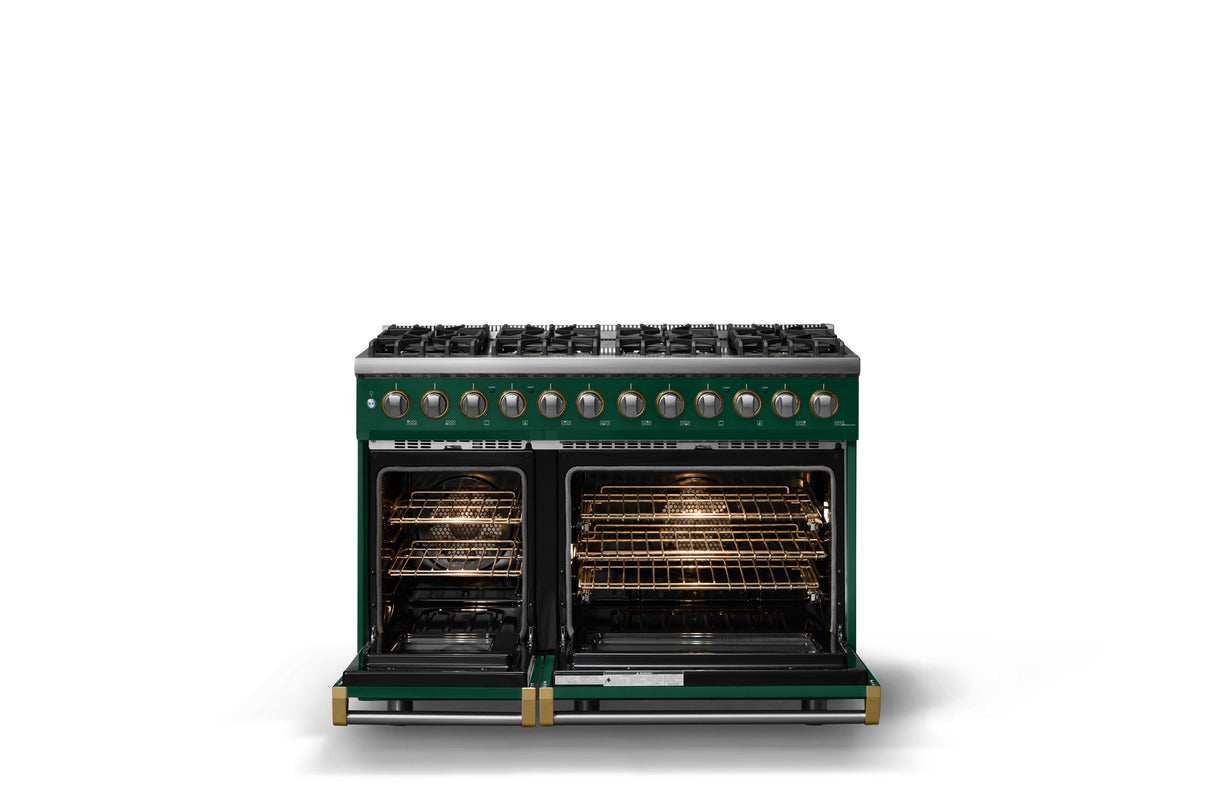 48"W. Dual Fuel Range (Burner: 8b, Finish: Ivy, Trim: Brushed Brass, Fuel: Natural Gas)