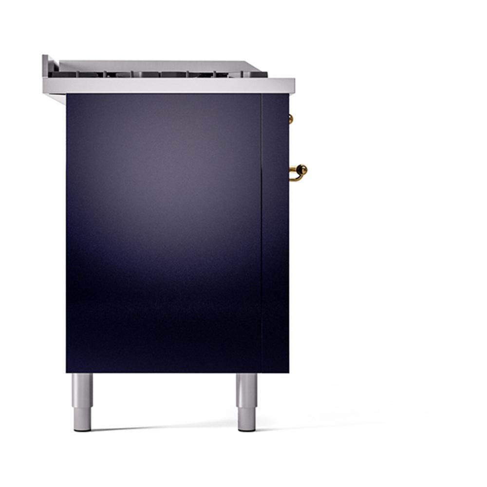 ILVE UN60FSQNMPMBG Nostalgie II Noblesse 60 inch Dual Fuel Range (7 Sealed Burners + Griddle + French Top, Natural Gas, Solid Door, Midnight Blue, Brass)