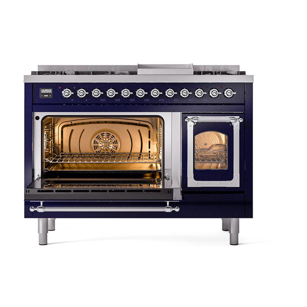ILVE UN48FNMPMBCLP Nostalgie II Noblesse 48 inch Dual Fuel Range (8 Sealed Burners + Griddle, Liquid Propane, Triple Glass Door, Midnight Blue, Chrome)