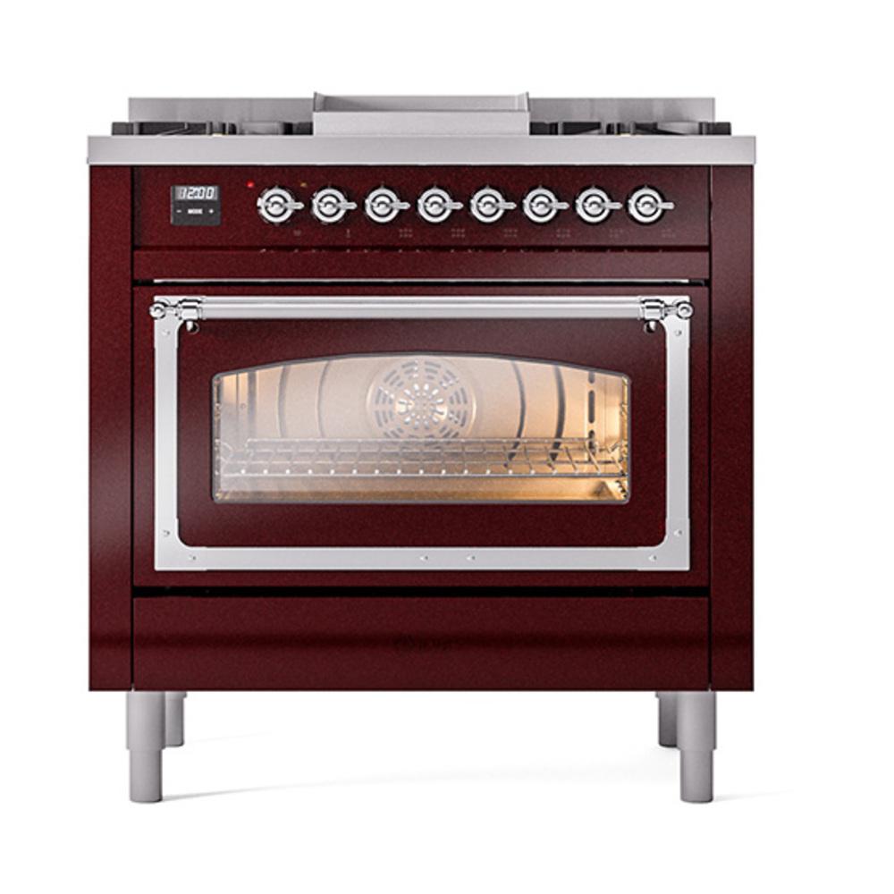 ILVE UN36FNMPBUCLP Nostalgie II Noblesse 36 inch Dual Fuel Range (Liquid Propane, Triple Glass Door, Burgundy, Chrome)