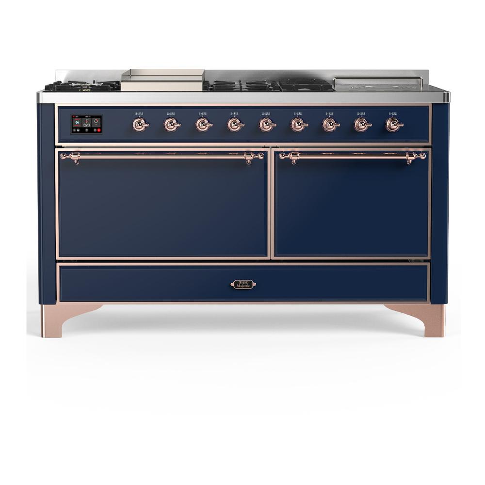 ILVE UM60FSQNR3MBP Majestic III 60 inch Dual Fuel Range with 7 Burners, Griddle and French Top, Dual Function Burner with up to 25,000 BTU (Natural Gas, Solid Door, Midnight Blue, Copper)