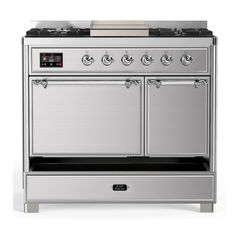 ILVE UMD40FQNR3SSCLP Majestic III 40 inch Dual Fuel Range with 6 Burners and Griddle, Dual Function Burner up to 25,000 BTU (Liquid Propane, Solid Door, Stainless Steel, Chrome)