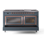 ILVE UN60FNMPBGP Nostalgie II Noblesse 60 inch Dual Fuel Range (9 Sealed Burners + Griddle, Natural Gas, Triple Glass Door, Blue Grey, Copper)