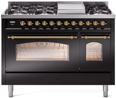 Nostalgie II 48 Inch Dual Fuel Natural Gas Freestanding Range in Glossy Black with Brass Trim