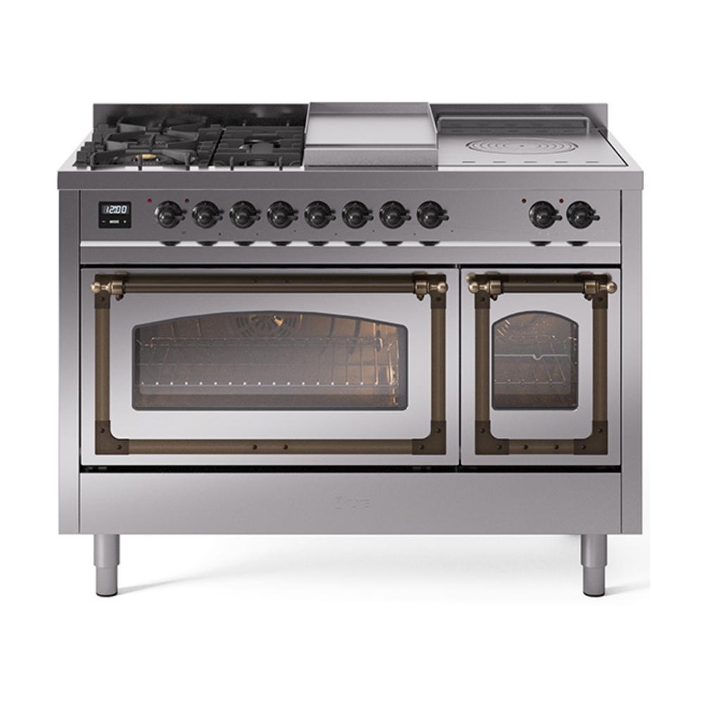 ILVE UN48FSNMPSSB Nostalgie II Noblesse 48 inch Dual Fuel Range (5 Sealed Burners + Griddle + French Top, Natural Gas, Triple Glass Door, Stainless Steel, Burnished)