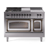 ILVE UN48FSNMPSSB Nostalgie II Noblesse 48 inch Dual Fuel Range (5 Sealed Burners + Griddle + French Top, Natural Gas, Triple Glass Door, Stainless Steel, Burnished)