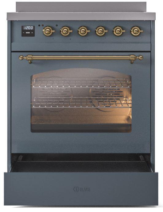 Nostalgie II 30 Inch Electric Freestanding Range in Blue Grey with Brass Trim
