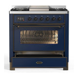 ILVE UM36FNR3MBB Majestic III 36 inch Dual Fuel Range with 6 Black Brass Burners and Griddle, Dual Function Burner up to 25,000 BTU (Triple Glass Door, Midnight Blue, Burnished, Natural Gas)