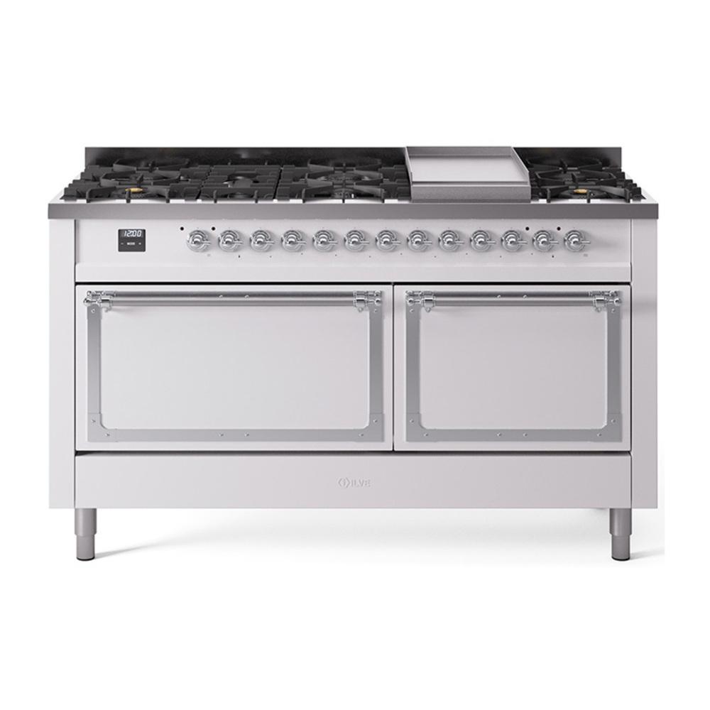 ILVE UN60FQNMPWHC Nostalgie II Noblesse 60 inch Dual Fuel Range (9 Sealed Burners + Griddle, Natural Gas, Solid Door, White, Chrome)