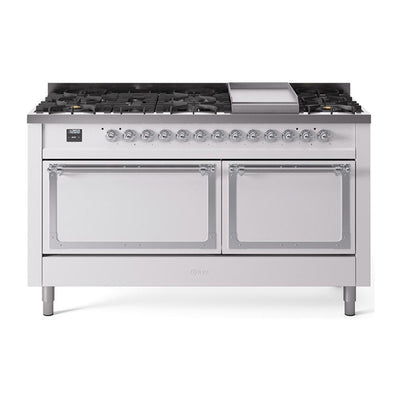 ILVE UN60FQNMPWHC Nostalgie II Noblesse 60 inch Dual Fuel Range (9 Sealed Burners + Griddle, Natural Gas, Solid Door, White, Chrome)