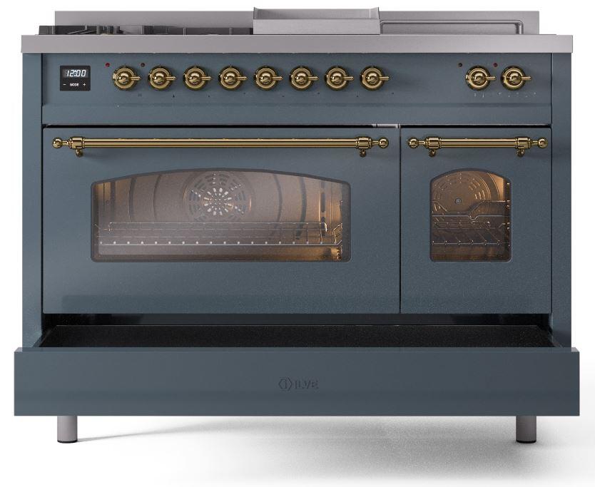 Nostalgie II 48 Inch Dual Fuel Liquid Propane Freestanding Range in Blue Grey with Brass Trim