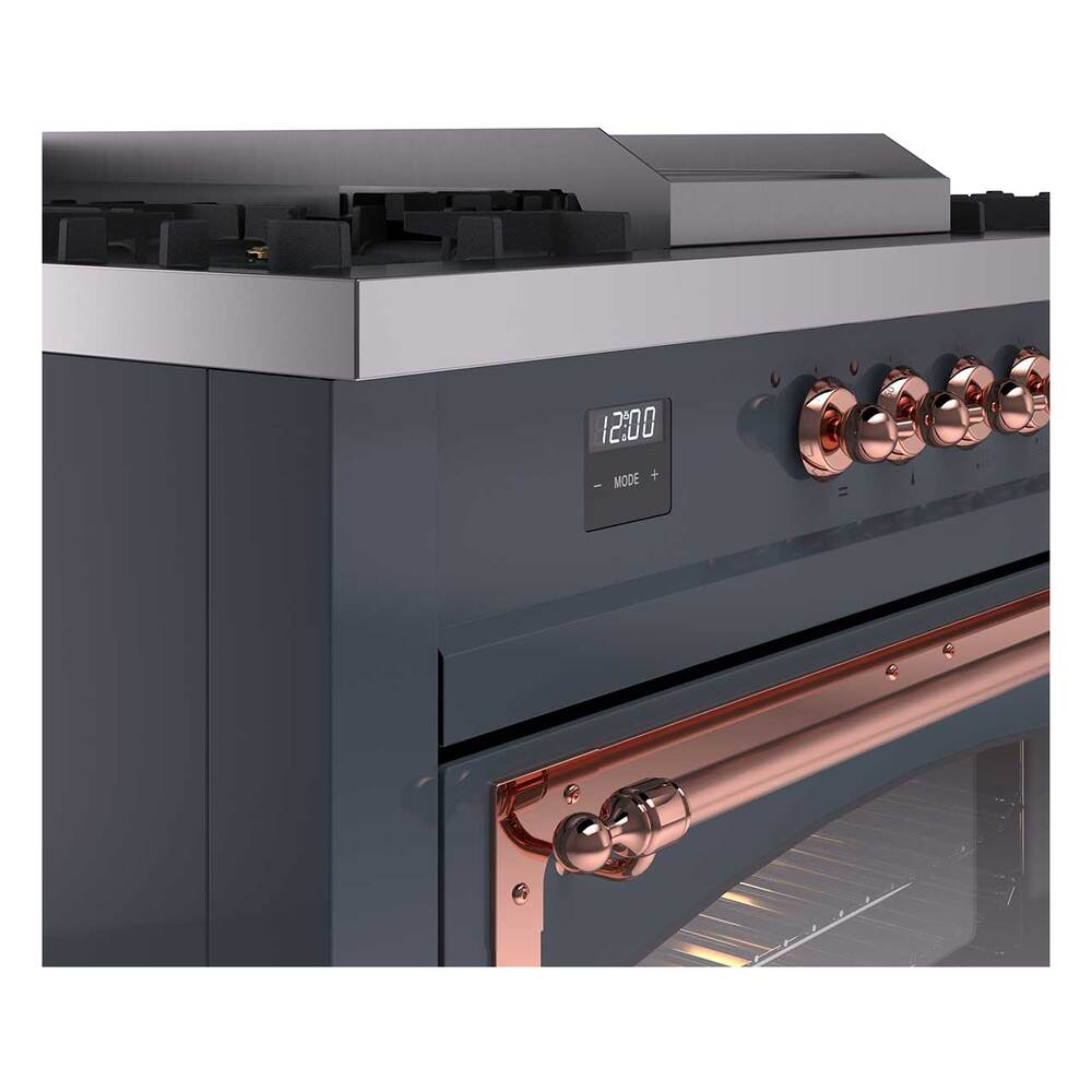 ILVE UN60FSNMPBGPLP Nostalgie II Noblesse 60 inch Dual Fuel Range (7 Sealed Burners + Griddle + French Top, Liquid Propane, Triple Glass Door, Blue Grey, Copper)