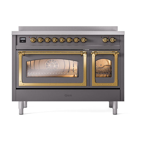 ILVE UNI486NMPMGG Nostalgie II Noblesse 48 inch Induction Range (Triple Glass Door, Graphite Matte, Brass)