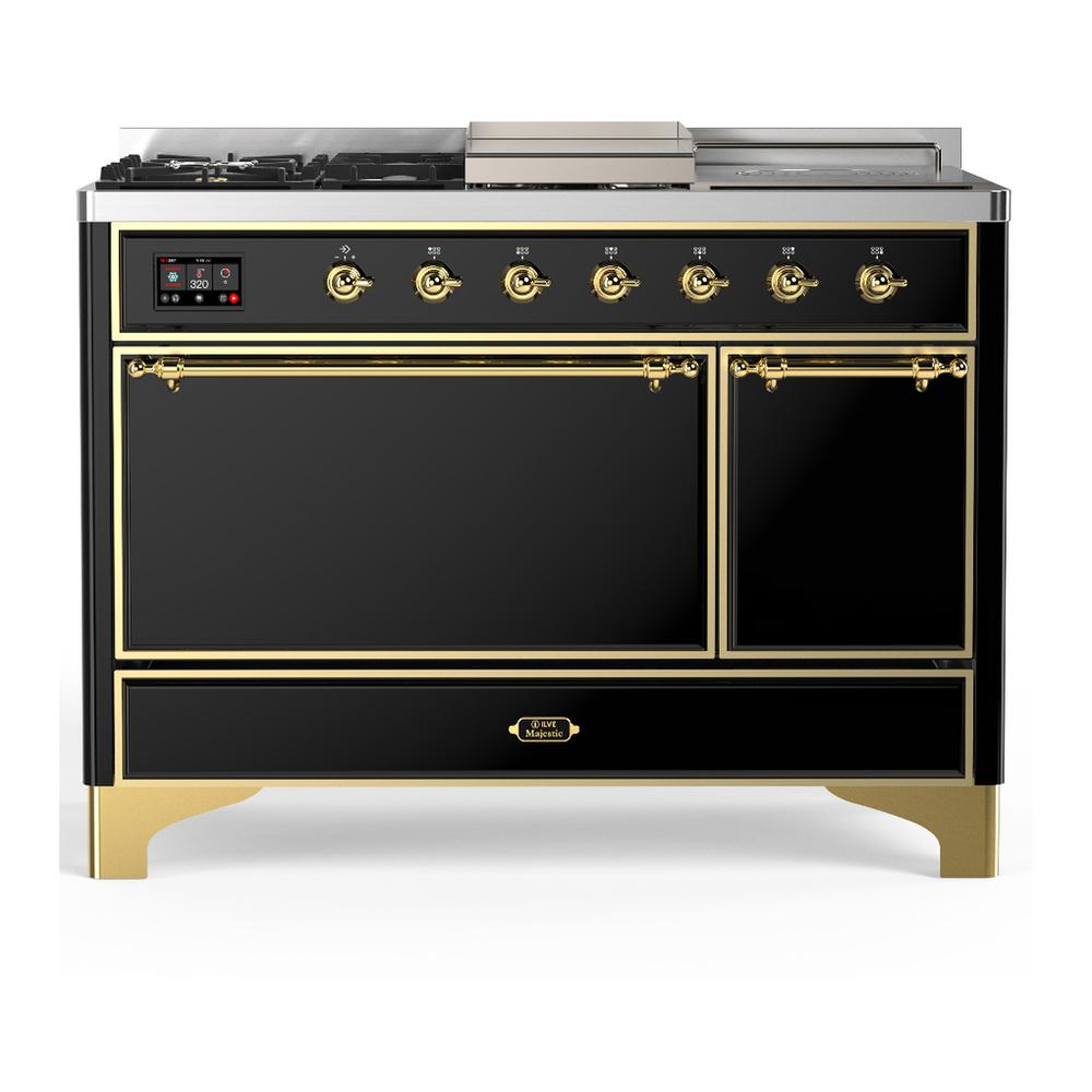ILVE UM48FSQNR3BKG Majestic III 48 inch Dual Fuel Range with 5 Black Brass Burners, Griddle and French Top, Dual Function Burner up to 25,000 BTU (Natural Gas, Solid Door, Glossy Black, Brass)