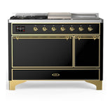 ILVE UM48FSQNR3BKG Majestic III 48 inch Dual Fuel Range with 5 Black Brass Burners, Griddle and French Top, Dual Function Burner up to 25,000 BTU (Natural Gas, Solid Door, Glossy Black, Brass)