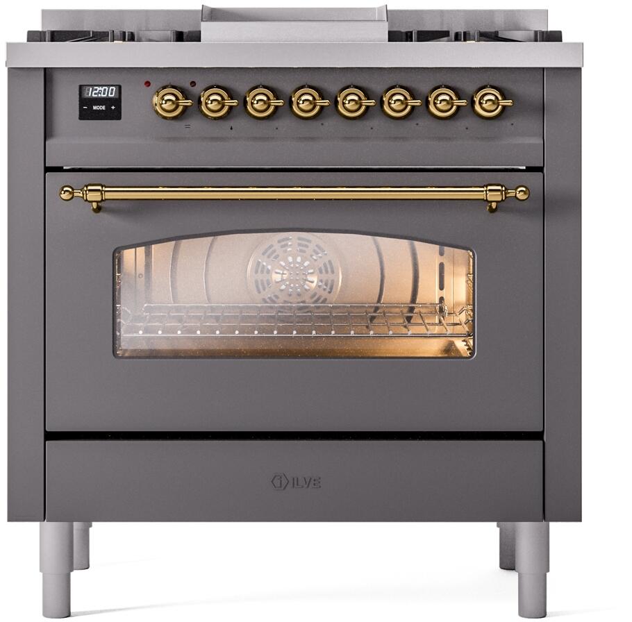 Nostalgie II 36 Inch Dual Fuel Natural Gas Freestanding Range in Matte Graphite with Brass Trim