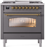 Nostalgie II 36 Inch Dual Fuel Natural Gas Freestanding Range in Matte Graphite with Brass Trim