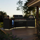 Forno All Aperto 87,600 BTU Outdoor Kitchen, 4 Burners, Infrared Burners, Side Burner, Black Sintered Stone Countertops, Gas Pizza Oven, Sink Module, Bar & Beverage Center