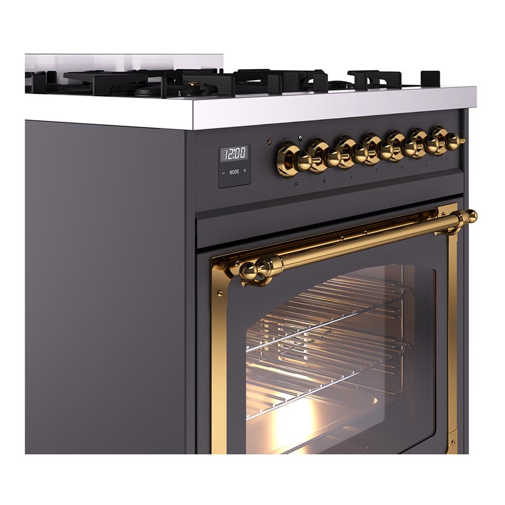 ILVE UN30NMPMGG Nostalgie II Noblesse 30 inch Dual Fuel Range (Natural Gas, Triple Glass Door, Graphite Matte, Brass)
