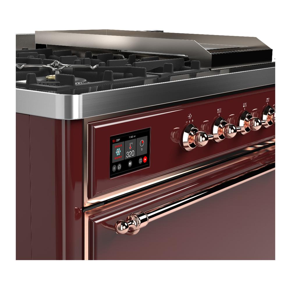 ILVE UM48FSQNR3BUPLP Majestic III 48 inch Dual Fuel Range with 5 Black Brass Burners, Griddle and French Top, Dual Function Burner up to 25,000 BTU (Liquid Propane, Solid Door, Burgundy, Copper)