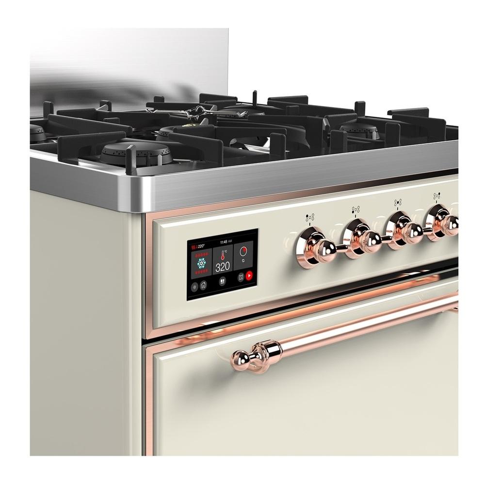 ILVE UM30QNR3AWPLP Majestic III 30 inch Dual Fuel Range with 5 Black Brass Burners, Dual Function Burner up to 25,000 BTU (Liquid Propane, Solid Door, Antique White, Copper)