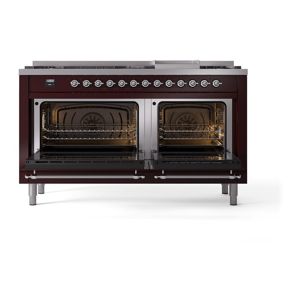 ILVE UN60FQNMPBUCLP Nostalgie II Noblesse 60 inch Dual Fuel Range (9 Sealed Burners + Griddle, Liquid Propane, Solid Door, Burgundy, Chrome)